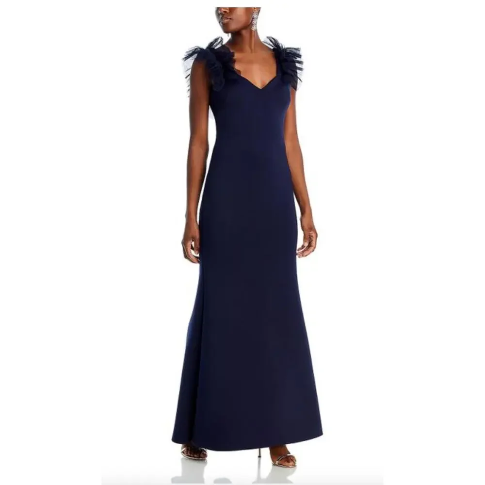 Eliza J Ruffle-Shoulder Scuba Gown Evening Dress, Plus 18W, Navy Blue New $188 - Picture 1 of 8